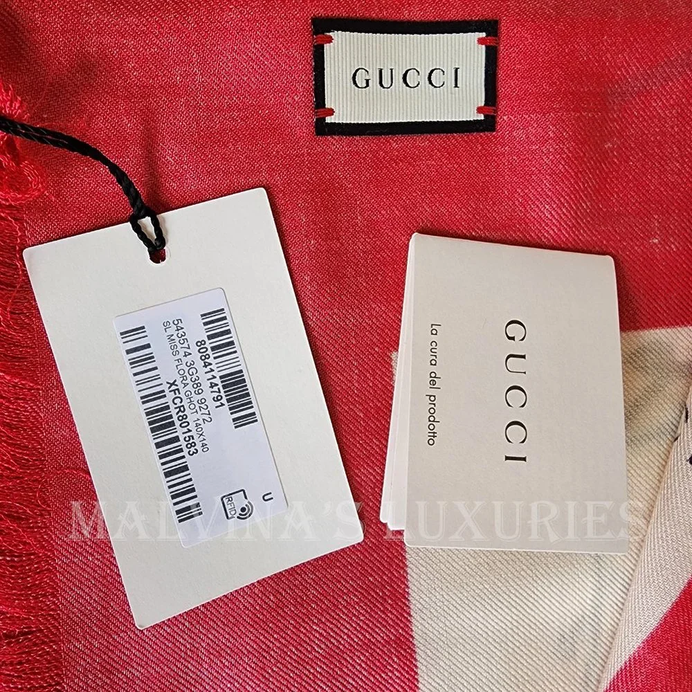 GUCCI SCARF MISS FLORA PRINT SHAWL WOOL SILK PINK BORDER SQUARE sz 55" - Picture 10 of 13
